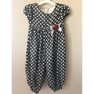 Bonnie Baby Polka Dot Rose Applique Bows Sequins Short Sleeve Jumpsuit Size 18M
